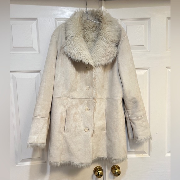 Beige Faux Suede Faux Fur Trim Button Front Penny Lane Coat Women's Large warm - Picture 2 of 13